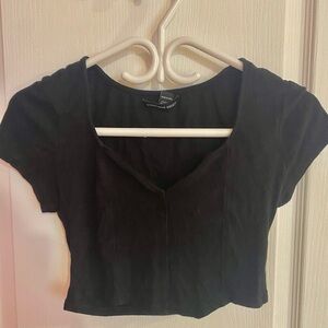 Black Ribbed Short Sleeve Crop Top